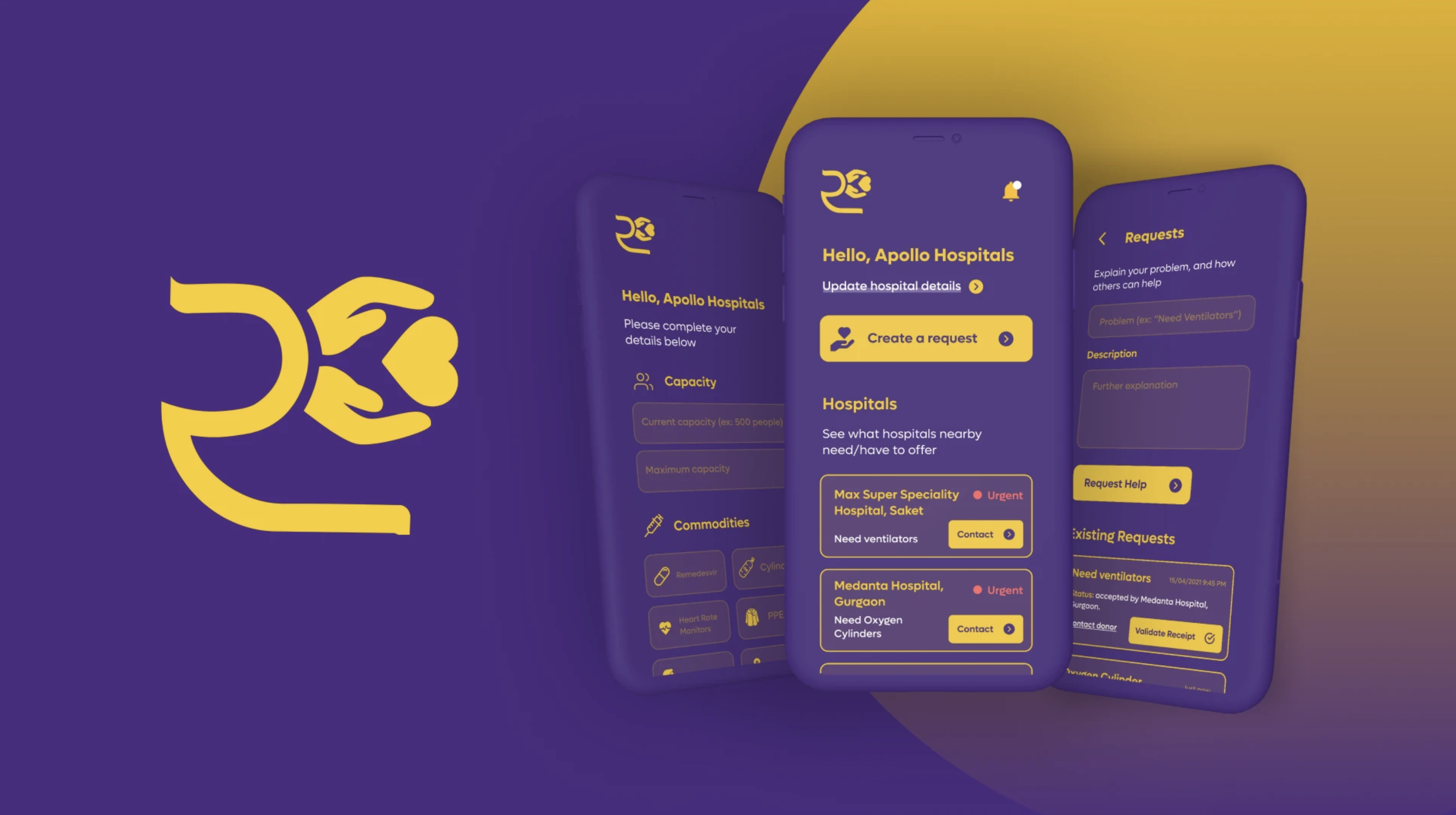 Sahay: three phone screens showing hospital profile, requests dashboard, and request creation with Validate Receipt